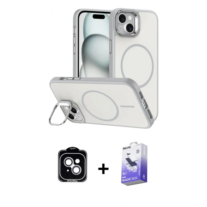 MARSİLYAN™- iPhone 14 Kılıf Çekirdek Klasik - Siyah Bilvis 5in1 5D Magic Hayalet Cam Ekran Koruyucu + PVD Metal Kamera Lens - GS