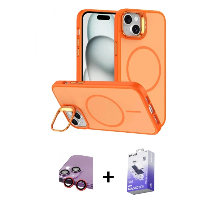 MARSİLYAN™- iPhone 14 Kılıf Çekirdek Klasik - Siyah Bilvis 5in1 5D Magic Hayalet Cam Ekran Koruyucu + Raze Metal Kamera Lens - KI