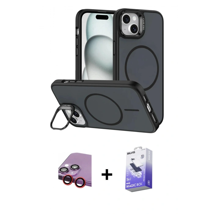 MARSİLYAN™- iPhone 14 Kılıf Çekirdek Klasik - Siyah Bilvis 5in1 5D Magic Hayalet Cam Ekran Koruyucu + Raze Metal Kamera Lens - KI