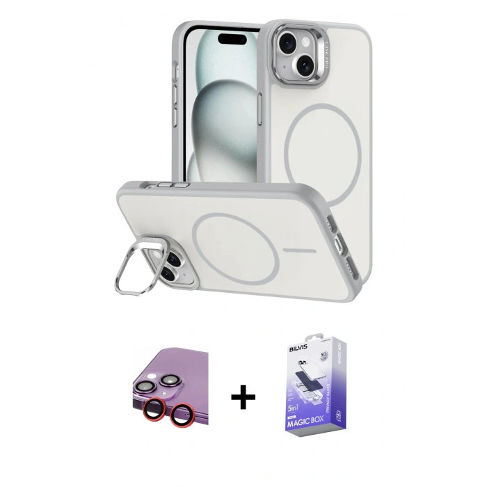 MARSİLYAN™- iPhone 14 Kılıf Çekirdek Klasik - Siyah Bilvis 5in1 5D Magic Hayalet Cam Ekran Koruyucu + Raze Metal Kamera Lens - KI