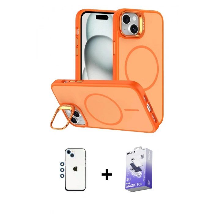 MARSİLYAN™- iPhone 14 Kılıf Çekirdek Klasik - Siyah Bilvis 5in1 5D Magic Hayalet Cam Ekran Koruyucu + Shine Kamera Lens - MI