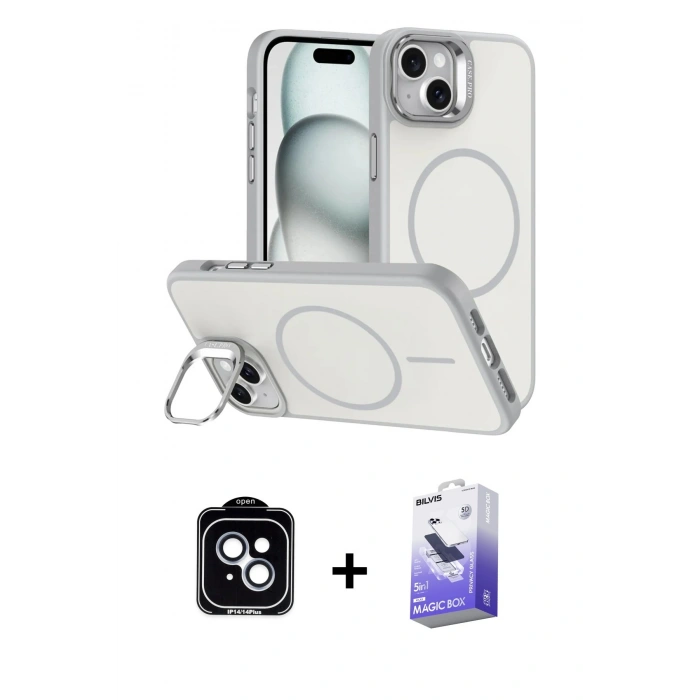 MARSİLYAN™- iPhone 14 Kılıf Çekirdek Klasik - Siyah Bilvis 5in1 5D Magic Hayalet Cam Ekran Koruyucu + PVD Metal Kamera Lens - MI