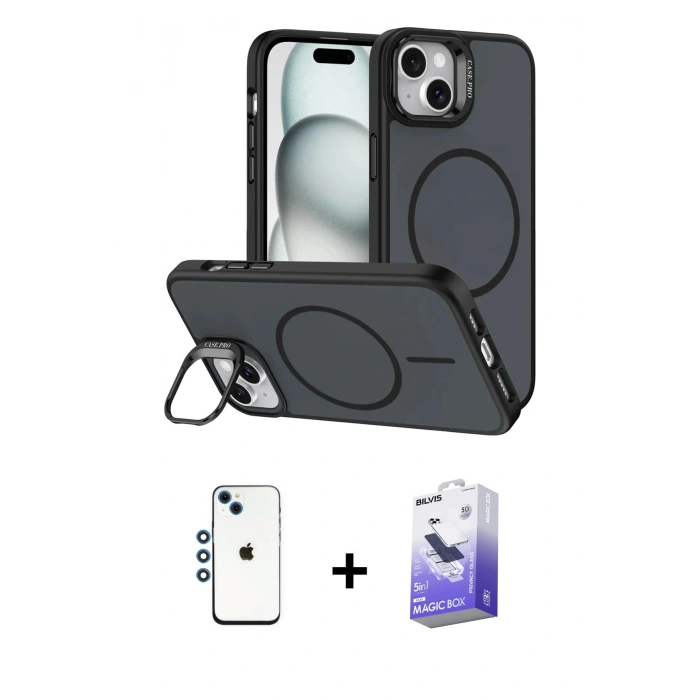 MARSİLYAN™- iPhone 14 Kılıf Çekirdek Klasik - Siyah Bilvis 5in1 5D Magic Hayalet Cam Ekran Koruyucu + Shine Kamera Lens - MI