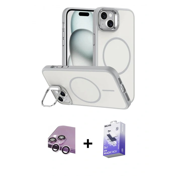 MARSİLYAN™- iPhone 14 Kılıf Çekirdek Klasik - Siyah Bilvis 5in1 5D Magic Hayalet Cam Ekran Koruyucu + Mor Raze Metal Kamera Lens