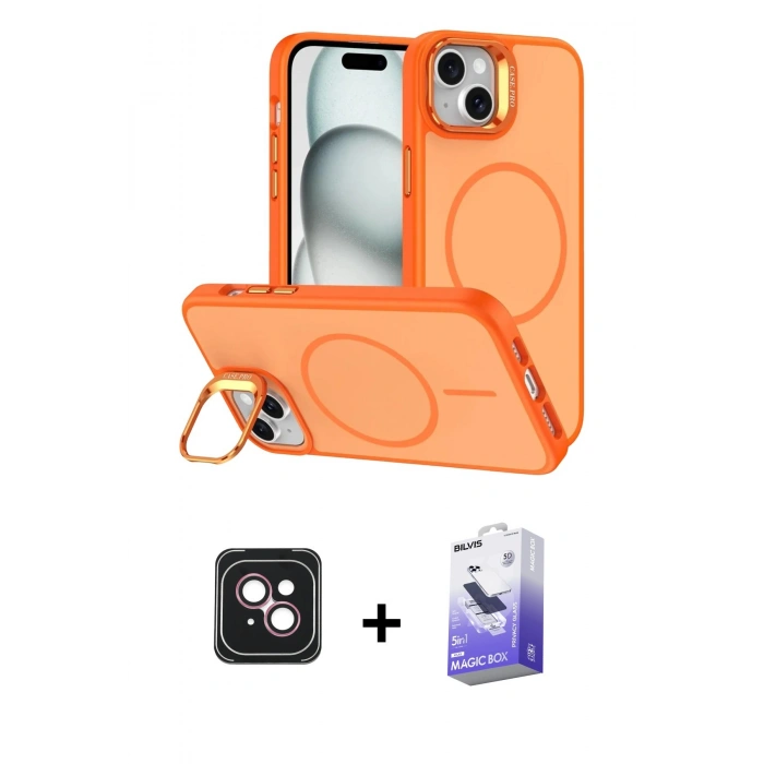 MARSİLYAN™- iPhone 14 Kılıf Çekirdek Klasik - Siyah Bilvis 5in1 5D Magic Hayalet Cam Ekran Koruyucu + Pembe PVD Metal Kamera Lens
