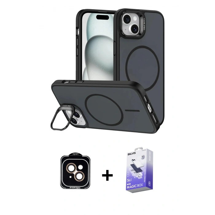 MARSİLYAN™- iPhone 14 Kılıf Çekirdek Klasik - Siyah Bilvis 5in1 5D Magic Hayalet Cam Ekran Koruyucu + PVD Metal Kamera Lens - TU