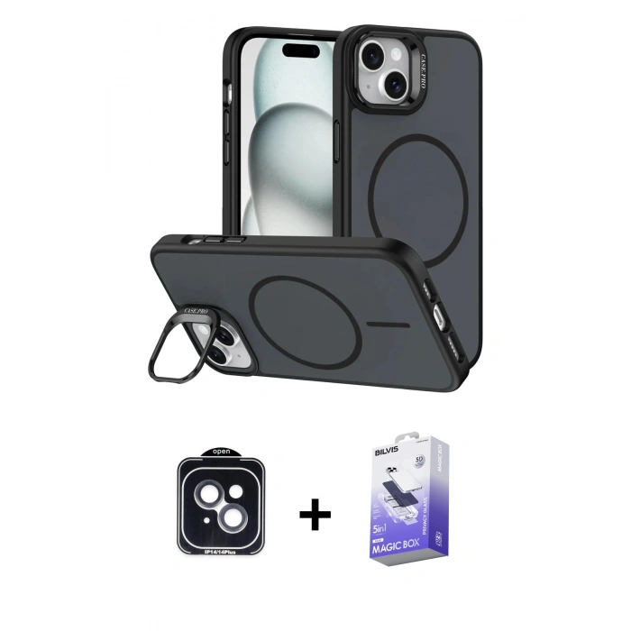 MARSİLYAN™- iPhone 14 Kılıf Çekirdek Klasik - Siyah Bilvis 5in1 5D Magic Hayalet Cam Ekran Koruyucu + PVD Metal Kamera Lens - SH