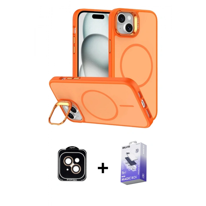 MARSİLYAN™- iPhone 14 Kılıf Çekirdek Klasik - Siyah Bilvis 5in1 5D Magic Hayalet Cam Ekran Koruyucu + PVD Metal Kamera Lens - TU