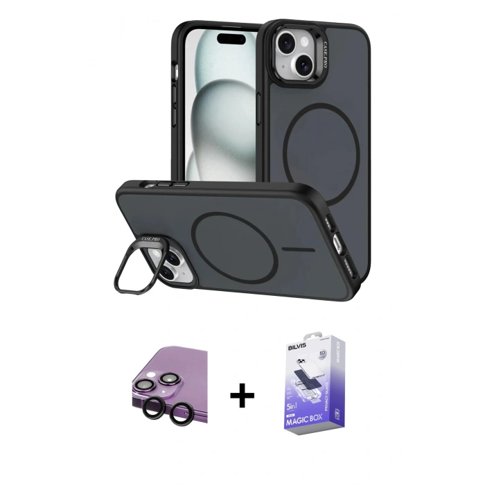 MARSİLYAN™- iPhone 14 Kılıf Çekirdek Klasik - Siyah Bilvis 5in1 5D Magic Hayalet Cam Ekran Koruyucu + Raze Metal Kamera Lens - SH