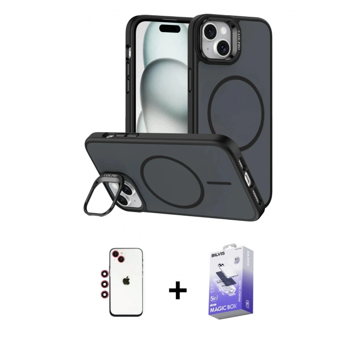 MARSİLYAN™- iPhone 14 Kılıf Çekirdek Klasik - Siyah Bilvis 5in1 5D Magic Hayalet Cam Ekran Koruyucu + Shine Kamera Lens - KI