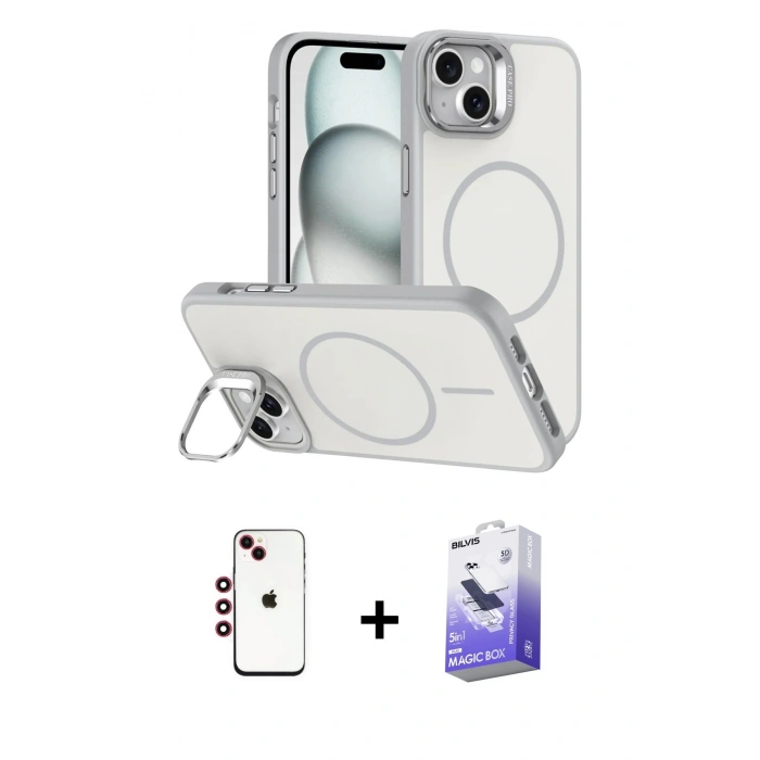 MARSİLYAN™- iPhone 14 Kılıf Çekirdek Klasik - Siyah Bilvis 5in1 5D Magic Hayalet Cam Ekran Koruyucu + Shine Kamera Lens - KI