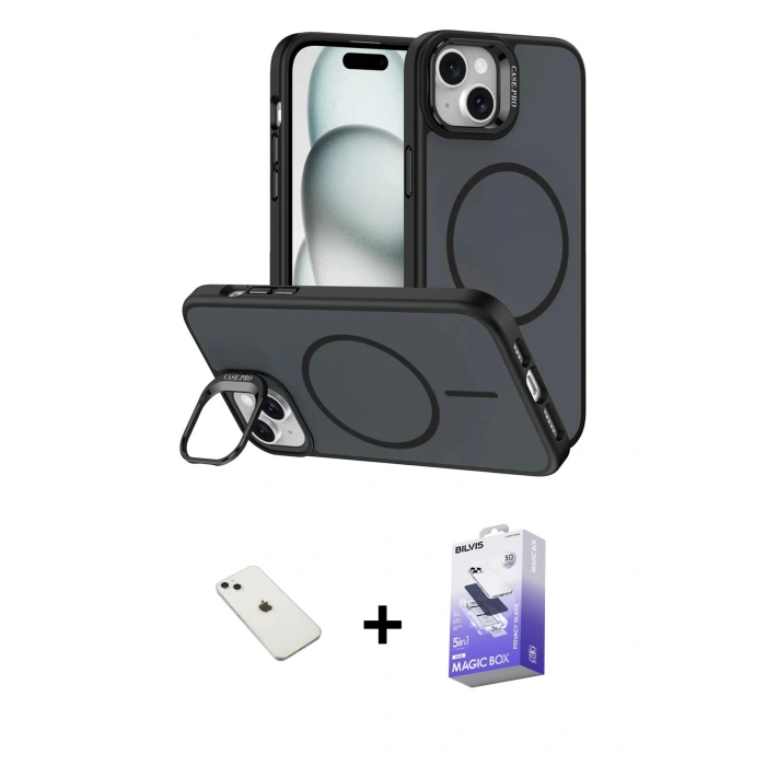 MARSİLYAN™- iPhone 14 Kılıf Çekirdek Klasik - Siyah Bilvis 5in1 5D Magic Hayalet Cam Ekran Koruyucu + Diamond Kamera Lens - SABE
