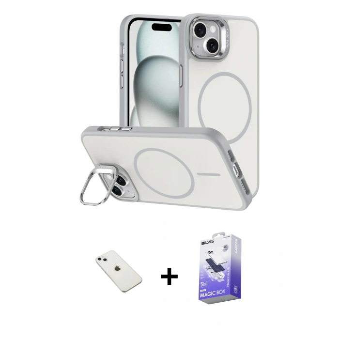 MARSİLYAN™- iPhone 14 Kılıf Çekirdek Klasik - Siyah Bilvis 5in1 5D Magic Hayalet Cam Ekran Koruyucu + Diamond Kamera Lens - SABE