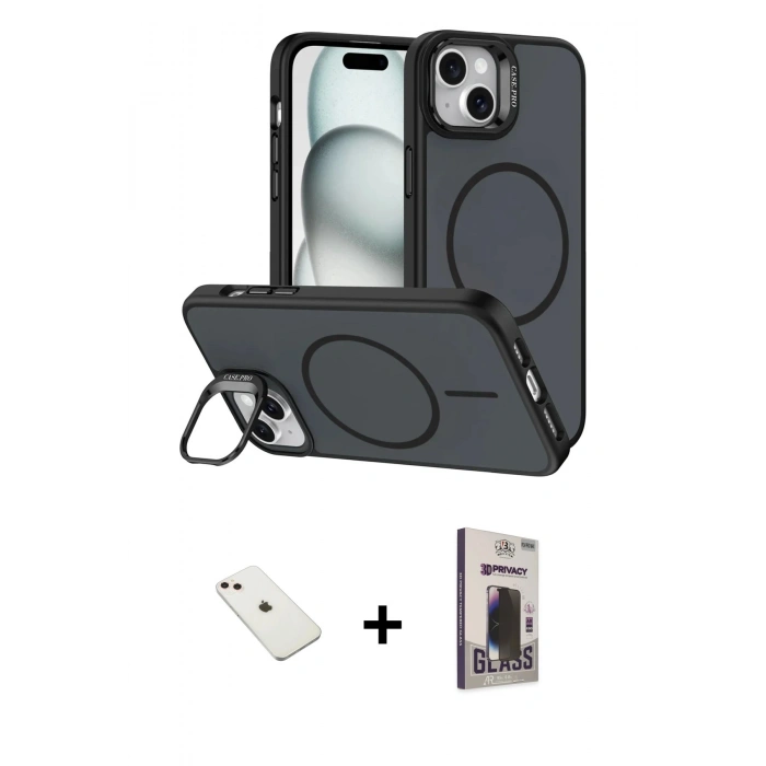 MARSİLYAN™- iPhone 14 Kılıf Çekirdek Klasik - Siyah Bilvis Hayalet Cam Ekran Koruyucu + Diamond Kamera Lens - PE