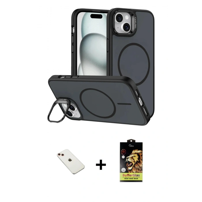 MARSİLYAN™- iPhone 14 Kılıf Çekirdek Klasik - Siyah Buffer Cam Ekran Koruyucu + Diamond Kamera Lens - KI