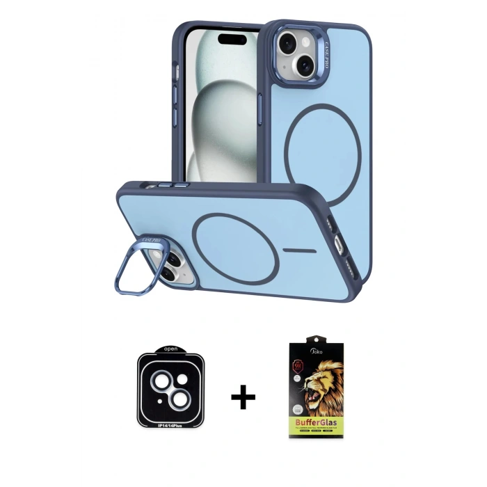 MARSİLYAN™- iPhone 14 Kılıf Çekirdek Klasik - Siyah Buffer Cam Ekran Koruyucu + PVD Metal Kamera Lens - MI