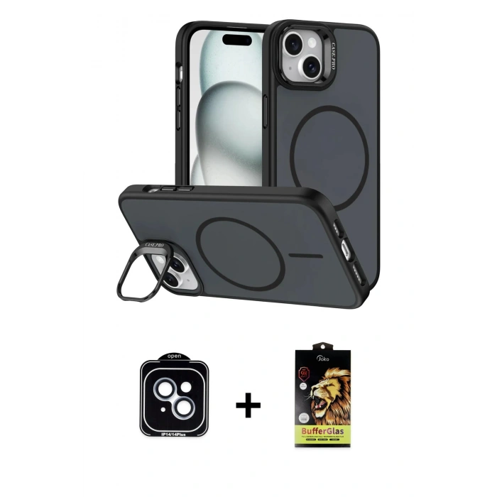 MARSİLYAN™- iPhone 14 Kılıf Çekirdek Klasik - Siyah Buffer Cam Ekran Koruyucu + PVD Metal Kamera Lens - MI