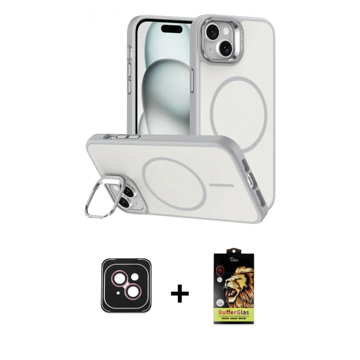 MARSİLYAN™- iPhone 14 Kılıf Çekirdek Klasik - Siyah Buffer Cam Ekran Koruyucu + PVD Metal Kamera Lens - PE