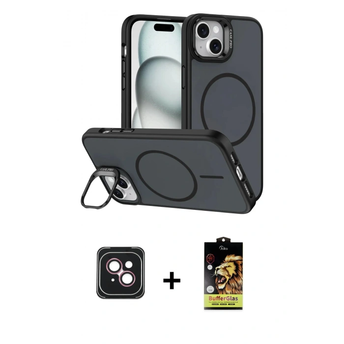 MARSİLYAN™- iPhone 14 Kılıf Çekirdek Klasik - Siyah Buffer Cam Ekran Koruyucu + PVD Metal Kamera Lens - PE