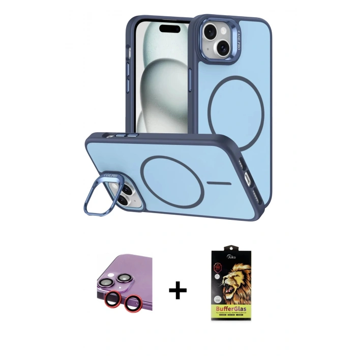 MARSİLYAN™- iPhone 14 Kılıf Çekirdek Klasik - Siyah Buffer Cam Ekran Koruyucu + Raze Metal Kamera Lens - KI