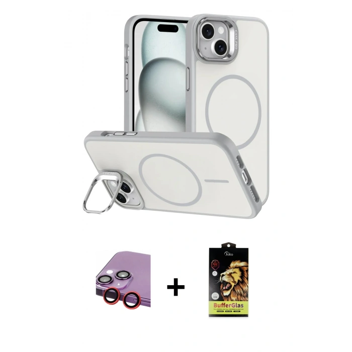 MARSİLYAN™- iPhone 14 Kılıf Çekirdek Klasik - Siyah Buffer Cam Ekran Koruyucu + Raze Metal Kamera Lens - KI