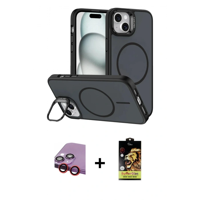 MARSİLYAN™- iPhone 14 Kılıf Çekirdek Klasik - Siyah Buffer Cam Ekran Koruyucu + Raze Metal Kamera Lens - KI