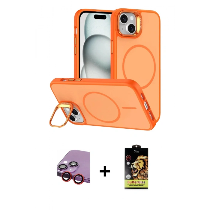 MARSİLYAN™- iPhone 14 Kılıf Çekirdek Klasik - Siyah Buffer Cam Ekran Koruyucu + Raze Metal Kamera Lens - KI