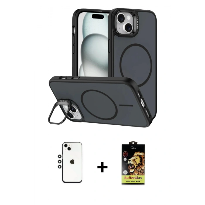 MARSİLYAN™- iPhone 14 Kılıf Çekirdek Klasik - Siyah Buffer Cam Ekran Koruyucu + Shine Kamera Lens - GS
