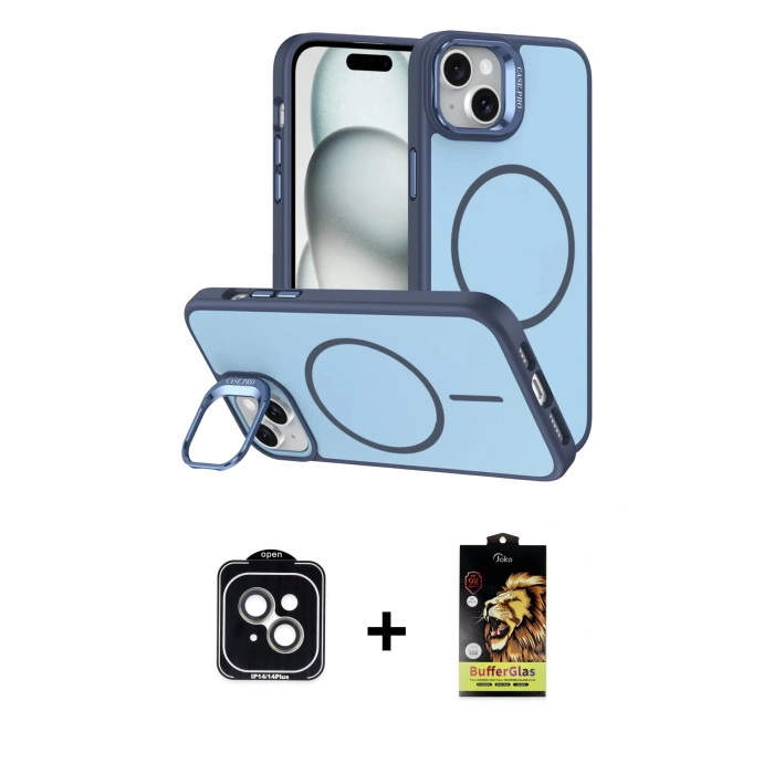 MARSİLYAN™- iPhone 14 Kılıf Çekirdek Klasik - Siyah Buffer Cam Ekran Koruyucu + PVD Metal Kamera Lens - YL