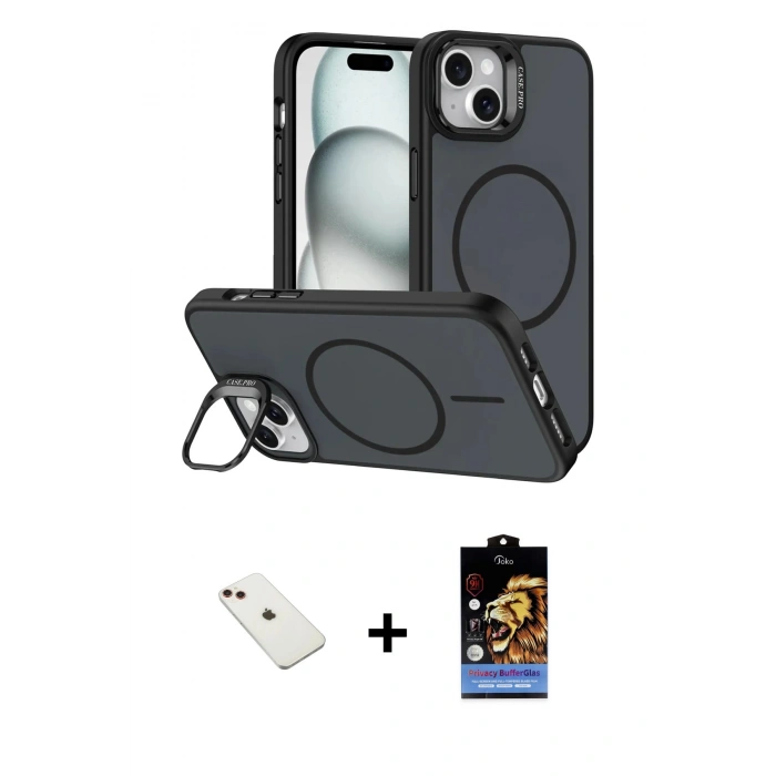 MARSİLYAN™- iPhone 14 Kılıf Çekirdek Klasik - Siyah Buffer Hayalet Cam Ekran Koruyucu + Diamond Kamera Lens - KI