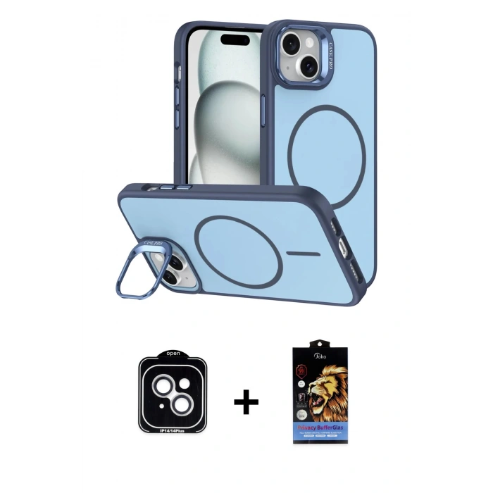 MARSİLYAN™- iPhone 14 Kılıf Çekirdek Klasik - Siyah Buffer Hayalet Cam Ekran Koruyucu + PVD Metal Kamera Lens - GS
