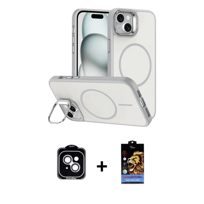 MARSİLYAN™- iPhone 14 Kılıf Çekirdek Klasik - Siyah Buffer Hayalet Cam Ekran Koruyucu + PVD Metal Kamera Lens - GS