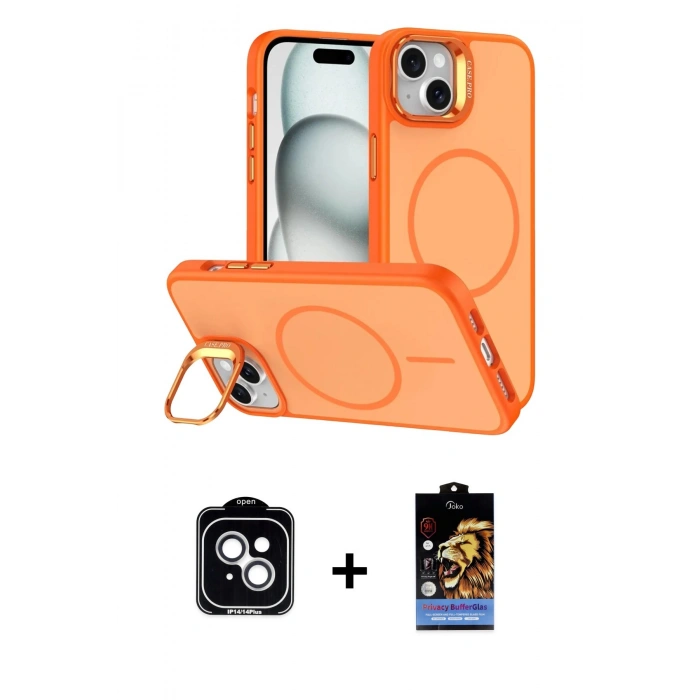 MARSİLYAN™- iPhone 14 Kılıf Çekirdek Klasik - Siyah Buffer Hayalet Cam Ekran Koruyucu + PVD Metal Kamera Lens - GS