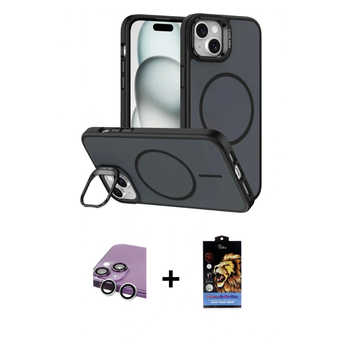 MARSİLYAN™- iPhone 14 Kılıf Çekirdek Klasik - Siyah Buffer Hayalet Cam Ekran Koruyucu + Gümüş Raze Metal Kamera Lens