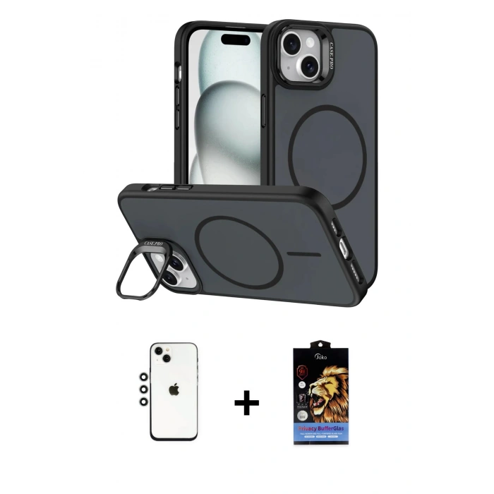 MARSİLYAN™- iPhone 14 Kılıf Çekirdek Klasik - Siyah Buffer Hayalet Cam Ekran Koruyucu + Shine Kamera Lens - GS
