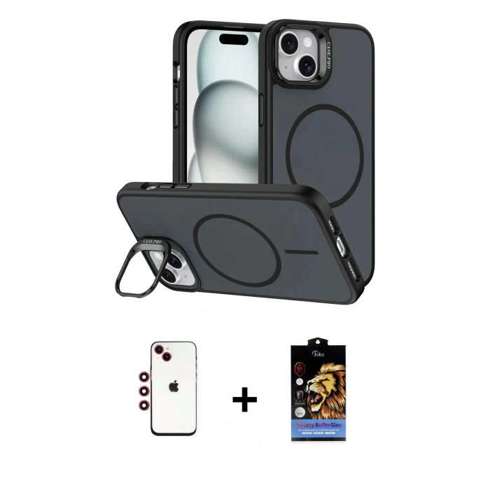 MARSİLYAN™- iPhone 14 Kılıf Çekirdek Klasik - Siyah Buffer Hayalet Cam Ekran Koruyucu + Kırmızı Shine Kamera Lens