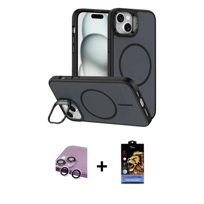 MARSİLYAN™- iPhone 14 Kılıf Çekirdek Klasik - Siyah Buffer Hayalet Cam Ekran Koruyucu + Raze Metal Kamera Lens - MR