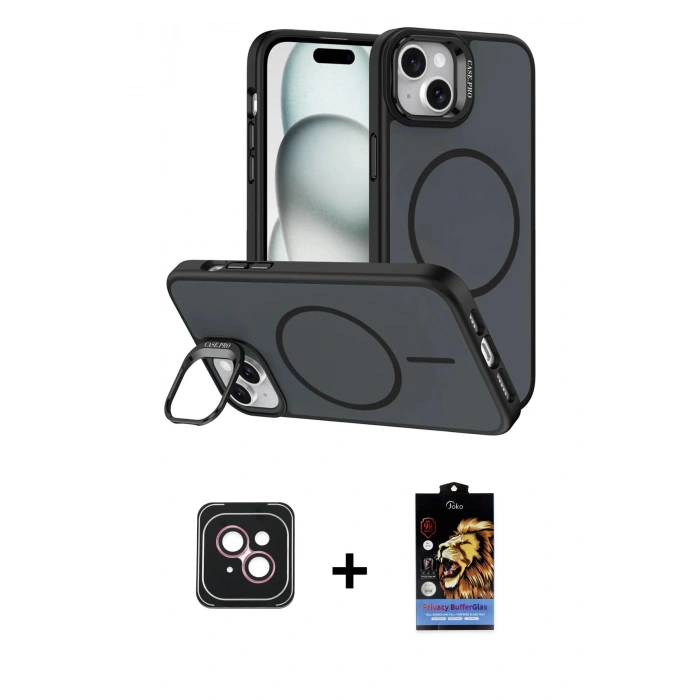 MARSİLYAN™- iPhone 14 Kılıf Çekirdek Klasik - Siyah Buffer Hayalet Cam Ekran Koruyucu + PVD Metal Kamera Lens - PE