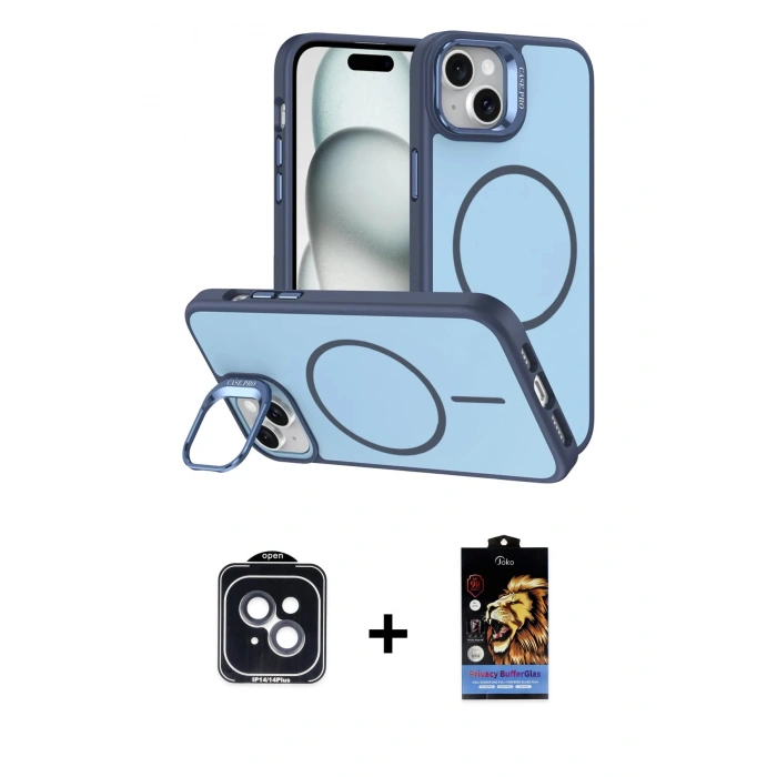 MARSİLYAN™- iPhone 14 Kılıf Çekirdek Klasik - Siyah Buffer Hayalet Cam Ekran Koruyucu + PVD Metal Kamera Lens - SH