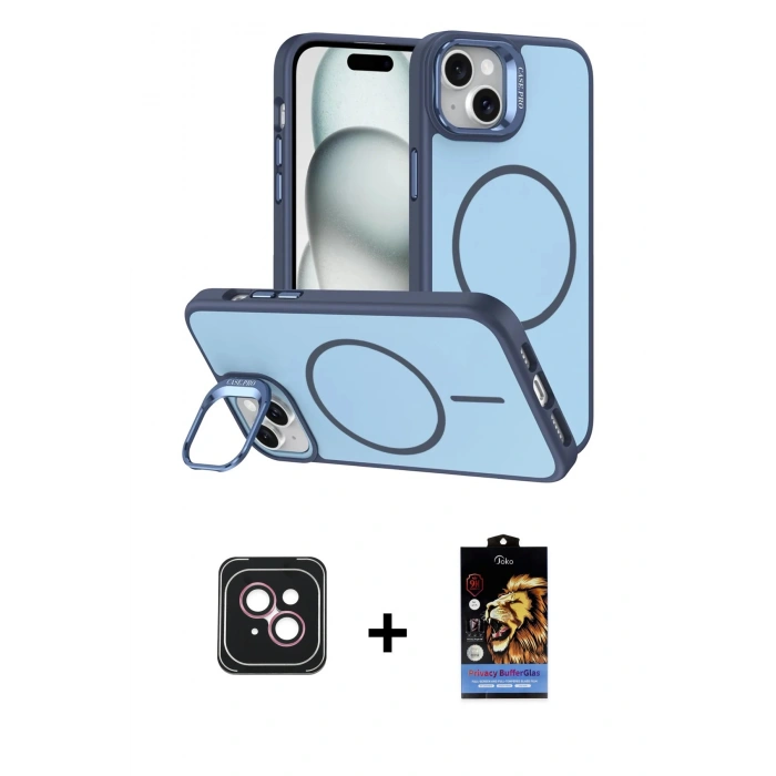 MARSİLYAN™- iPhone 14 Kılıf Çekirdek Klasik - Siyah Buffer Hayalet Cam Ekran Koruyucu + PVD Metal Kamera Lens - PE
