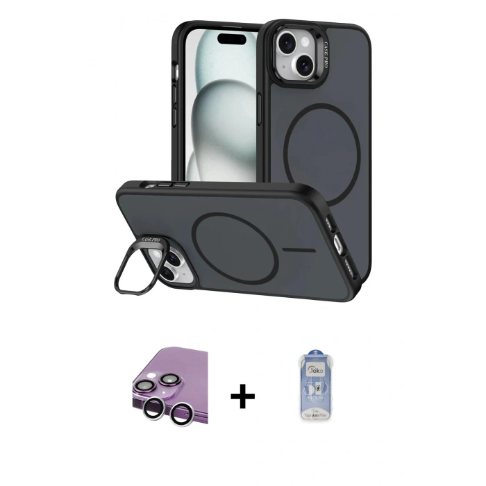 MARSİLYAN™- iPhone 14 Kılıf Çekirdek Klasik - Siyah Joko Magic 5D Cam + Raze Metal Kamera Lens - GS