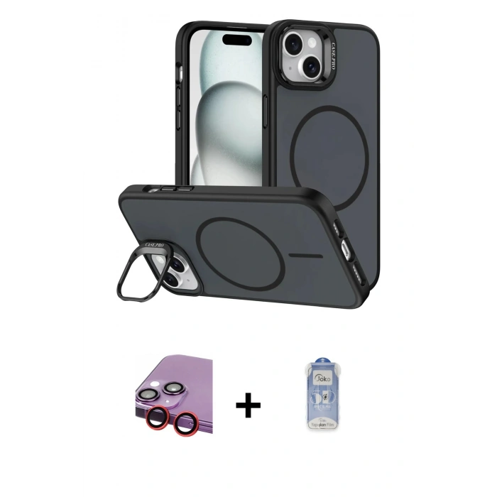 MARSİLYAN™- iPhone 14 Kılıf Çekirdek Klasik - Siyah Joko Magic 5D Cam + Raze Metal Kamera Lens - KI