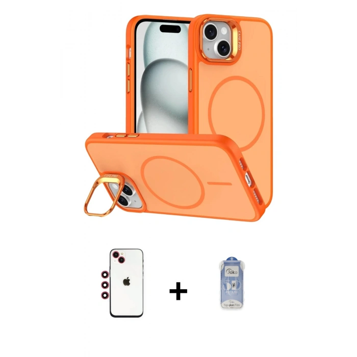 MARSİLYAN™- iPhone 14 Kılıf Çekirdek Klasik - Siyah Joko Magic 5D Cam + Kırmızı Shine Kamera Lens
