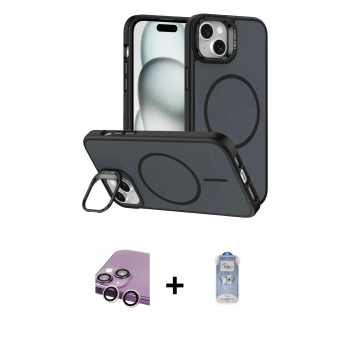 MARSİLYAN™- iPhone 14 Kılıf Çekirdek Klasik - Siyah Joko Magic 5D Cam + Raze Metal Kamera Lens - MR