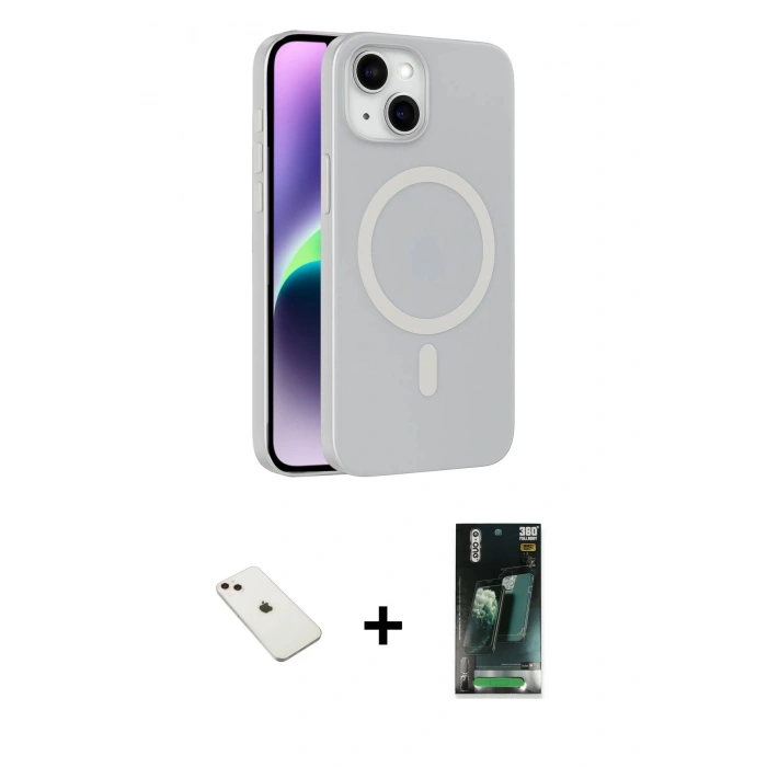 MARSİLYAN™- iPhone 14 Kılıf Çekirdek Modern Prime - Şeffaf 360 Full Body Arka Koruyucu + Diamond Kamera Lens - PE