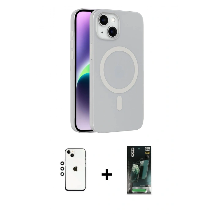 MARSİLYAN™- iPhone 14 Kılıf Çekirdek Modern Prime - Şeffaf 360 Full Body Arka Koruyucu + Shine Kamera Lens - GS