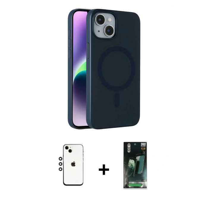 MARSİLYAN™- iPhone 14 Kılıf Çekirdek Modern Prime - Şeffaf 360 Full Body Arka Koruyucu + Shine Kamera Lens - GS