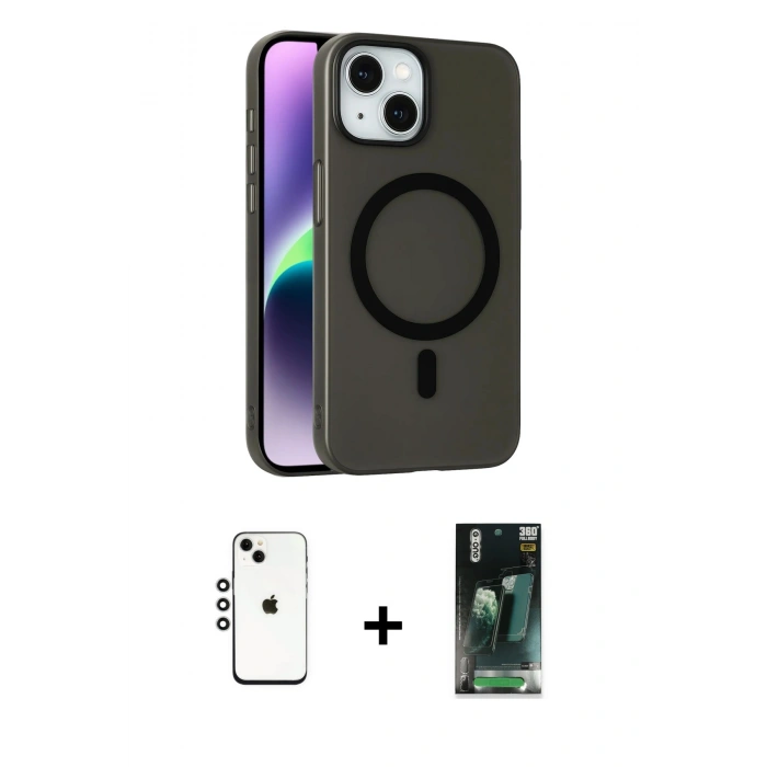 MARSİLYAN™- iPhone 14 Kılıf Çekirdek Modern Prime - Şeffaf 360 Full Body Arka Koruyucu + Shine Kamera Lens - GS