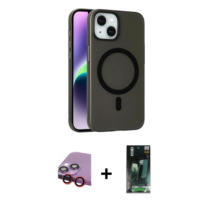 MARSİLYAN™- iPhone 14 Kılıf Çekirdek Modern Prime - Şeffaf 360 Full Body Arka Koruyucu + Kırmızı Raze Metal Kamera Lens