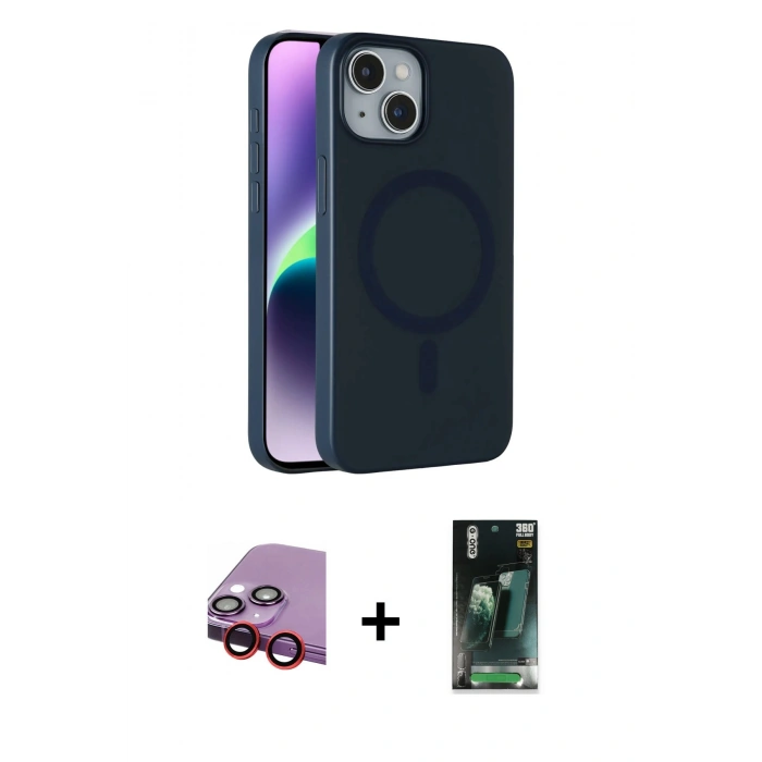 MARSİLYAN™- iPhone 14 Kılıf Çekirdek Modern Prime - Şeffaf 360 Full Body Arka Koruyucu + Kırmızı Raze Metal Kamera Lens